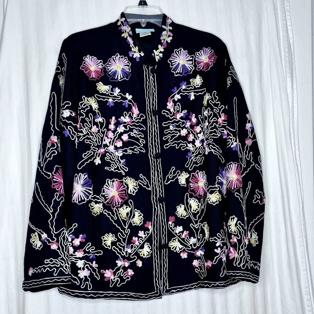 Vintage Womens‎ Floral Embroidered Jacket Top Wool Blend Size L Art to Wear